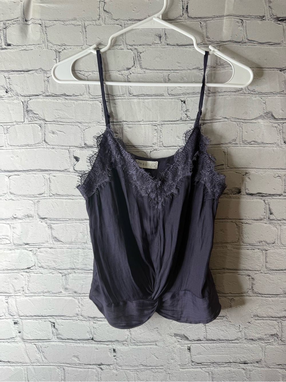 Em and Elle Lace-Trim Satin Cami Tank Top - navy small